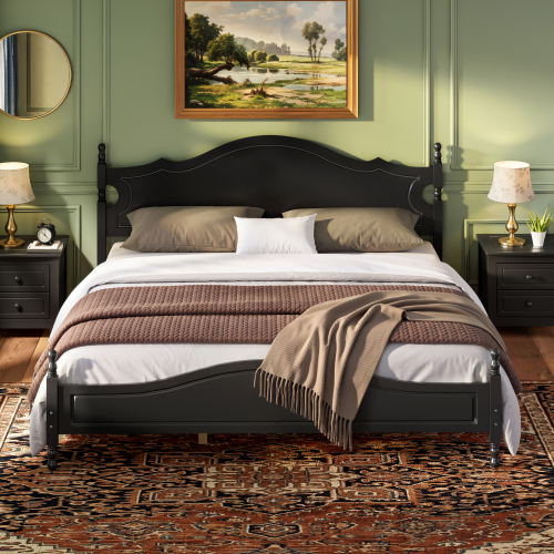 King Bed Frame with Headboard, Retro Style Wooden Platform Bed with Wood Slats Support, King Bed Frame No Box Spring Needed, Easy Assembly, Black