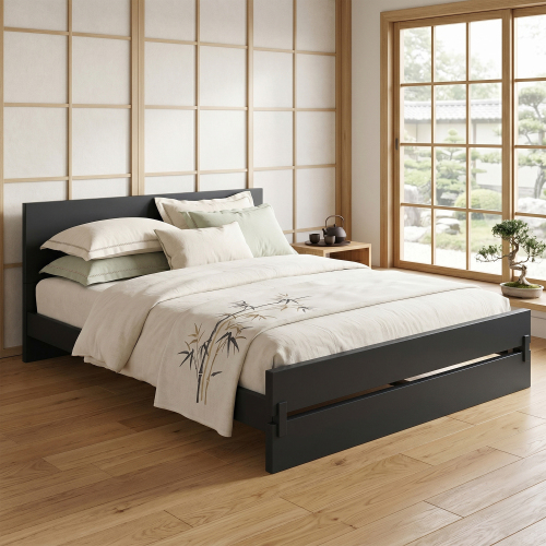 Queen Size Solid Bamboo Platform Bed Frame, Minimalist Design, Heavy-Duty Support, No Box Spring Needed, Eco-Friendly Natural Bamboo Bed Frame for Bedroom-Black