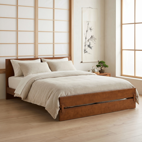 Queen Size Solid Bamboo Platform Bed Frame, Minimalist Design, Heavy-Duty Support, No Box Spring Needed, Eco-Friendly Natural Bamboo Bed Frame for Bedroom-Walnut Brown