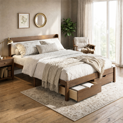 Queen Size Bed with Storage Drawers, Upholstered Headboard, Solid Wood Slat Support, No Box Spring Required,Walnut