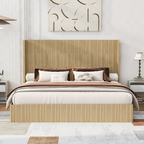King Size Mid-Century Fluted Wood Bed Frame, Tall Wingback Headboard, Low Profile Platform Bed, No Box Spring Needed, Easy Assembly for Bedroom & Guest Room - Natural Wood - Iron,Synthetic Wood - American Design,Artsy - Box Spring Required - Pine - Brown - Iron