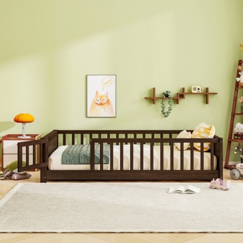 Twin Size Floor Bed with Built-in Book Rack and Door,Espresso - Rubber Wood