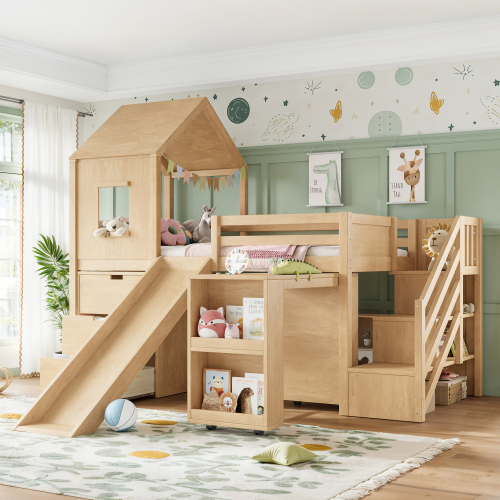 Twin Playhouse Loft Bed with Integrated Storage Drawers, Open Stair Shelves & Pull Out Desk, Kids Low House Loft Bed with Slide and Play Window, Natural - MDF,Pine,Plywood