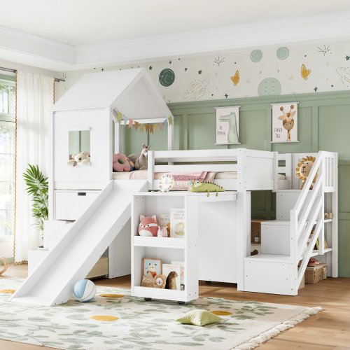 Twin Playhouse Loft Bed with Integrated Storage Drawers, Open Stair Shelves & Pull Out Desk, Kids Low House Loft Bed with Slide and Play Window, White - MDF,Pine,Plywood