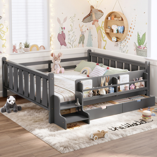 Queen Size Floor Bed with Storage Bookcases and Drawers, Solid Wood Kids Floor Bed with Cute Stairs and Guardrails, No Box Spring Needed, Gray - MDF,Pine,Plywood
