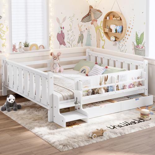 Queen Size Floor Bed with Storage Bookcases and Drawers, Solid Wood Kids Floor Bed with Cute Stairs and Guardrails, No Box Spring Needed, White - MDF,Pine,Plywood