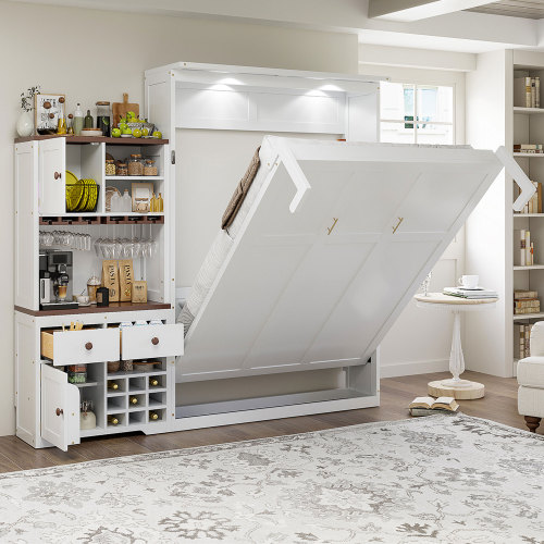 Queen Size Murphy Bed with Storage Cabinet, Wine Rack, Glass Holder, Drawers and Multi-Color LED Strip, White(OLD SKU:LP000391AAK) - Plywood