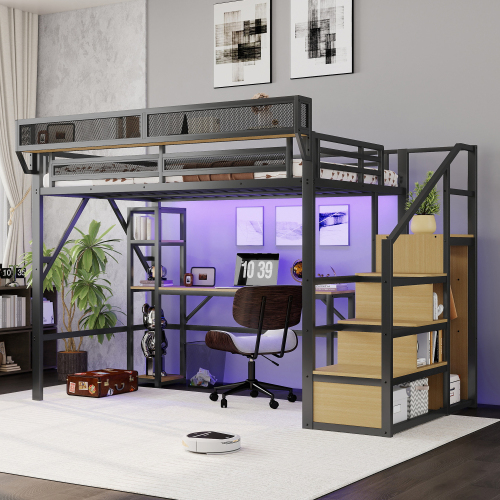 Full Loft Bed with Desk and Display Shelves, Metal Loft Bed with Stairs, Wardrobe, Charging Station, and LED Lighting for Teens Kids, Black, Patent Products