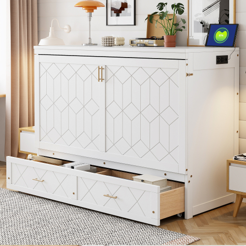 Queen Size Murphy Bed Wall Bed with drawer and a set of Sockets & USB Ports, White(Old Sku: LP000400AAK) - MDF+LVL - MDF