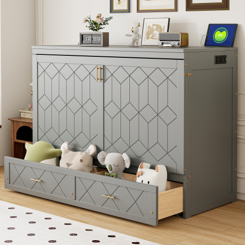 Queen Size Murphy Bed Wall Bed with drawer and a set of Sockets & USB Ports, Gray(Old Sku: LP000400AAE) - MDF+LVL - MDF