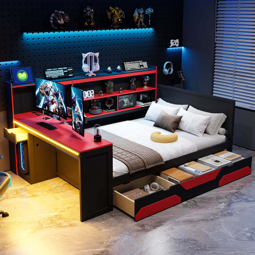 Full Size Gaming Daybed with Integrated Desk and Lights, Modern Wooden Bed Frame with 3 Storage Drawers and Built-in Charging Station, Multi-Functional Headboard Bookcase, Black+Red - MDF,Pine,Plywood - MDF