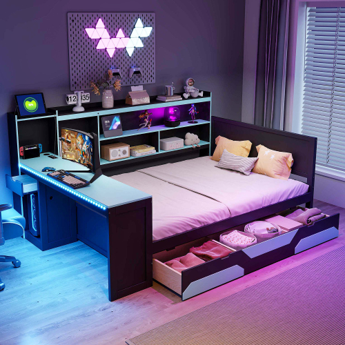 Full Size Gaming Daybed with Integrated Desk and Lights, Modern Wooden Bed Frame with 3 Storage Drawers and Built-in Charging Station, Multi-Functional Headboard Bookcase, Black+Blue - MDF,Pine,Plywood - MDF