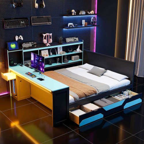 Queen Size Gaming Daybed with Integrated Desk and Lights, Modern Wooden Bed Frame with 3 Storage Drawers and Built-in Charging Station, Multi-Functional Headboard Bookcase, Black+Blue - MDF,Pine,Plywood - MDF