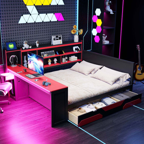 Queen Size Gaming Daybed with Integrated Desk and Lights, Modern Wooden Bed Frame with 3 Storage Drawers and Built-in Charging Station, Multi-Functional Headboard Bookcase, Black+Red - MDF,Pine,Plywood - MDF