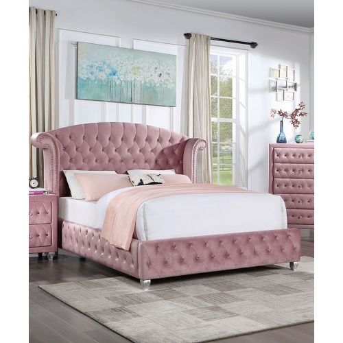 Glam Contemporary Pink Flannelette Upholstered 1pc Queen Size Bed Cabriole Legs Wingback Design Bedroom Furniture - Flannelette,Solid Wood - Contemporary,Modern,Traditional - Panel - Box Spring Required - Wood - Velvet - Not Specified