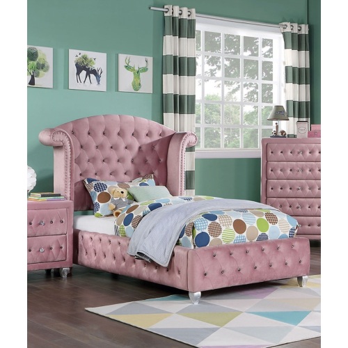 Glam Contemporary Pink Flannelette Upholstered 1pc Twin Size Bed Cabriole Legs Wingback Design Bedroom Furniture - Flannelette,Solid Wood - Contemporary,Modern,Traditional - Queen - Panel - Box Spring Required - Wood - Velvet - Not Specified