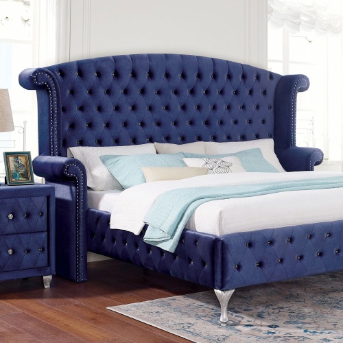 Glamorous Blue 1pc Queen Size Bed Velvet Like Fabric Tufted Wingback Headboard Bedroom Furniture - Engineered Wood,Fabric,Solid Wood - Classic,Contemporary,Glam - Bed Frame - Box Spring Required - Wood - Not Specified - Engineered Wood - Not Specified
