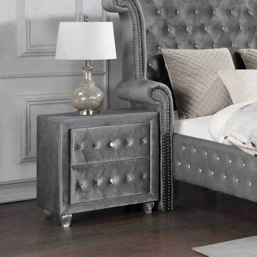 Glam Style 1pc Nightstand Button Tufted Full upholstered Frame Acrylic Buttons Gray Finish Bedroom Furniture - Solid Wood,Velvet - Not Specified - Not Specified - Not Specified - Not Specified - Not Specified - Solid Wood - 2 Drawers