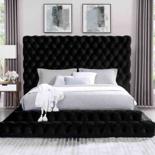 Fully Upholstered Frame Black 1pc Queen Size Bed Tufted Oversized Headboard Bedroom Furniture Platform Bed - Fabric,Wood - Classic,Contemporary,Glam - Bed Frame - Box Spring Not Required - Wood - Not Specified - Fabric - Not Specified