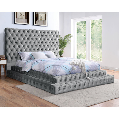 Contemporary Style Fully Upholstered Frame Gray Color 1pc Queen Size Bed Tufted Oversized Headboard Bedroom Furniture Platform Bed - Fabric,Wood - Classic,Contemporary,Glam - Bed Frame - Box Spring Not Required - Wood - Not Specified - Fabric - Not Specified