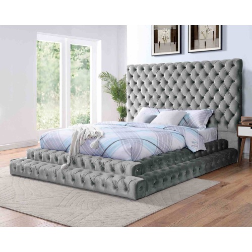 Contemporary Style Fully Upholstered Frame Gray Color 1pc King Size Bed Tufted Oversized Headboard Bedroom Furniture Platform Bed - Fabric,Wood - Classic,Contemporary,Glam - Bed Frame - Box Spring Not Required - Wood - Not Specified - Fabric - Not Specified