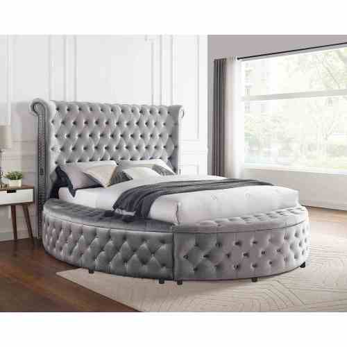 1pc Unique Round Glam Gray Velvet Like Acrylic Button-Tufted Detailing Storage Bed King Size - Fabric,Velvet - Glam,Traditional - Storage Included - Box Spring Not Required - Bedroom - Wood - Fabric - Not Specified