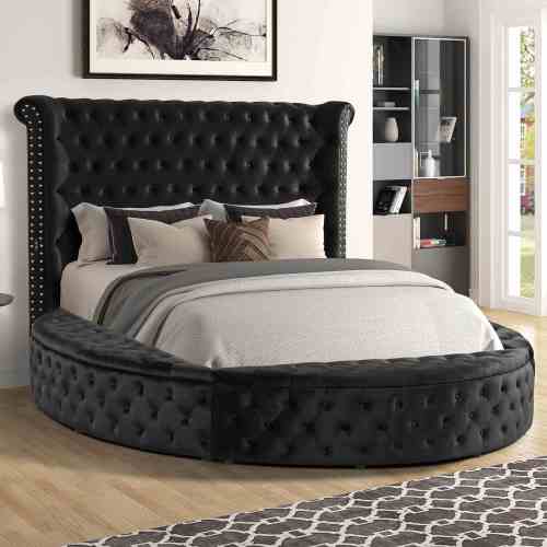 Glam 1pc Queen Size Bed Round Storage Black Velvet Like Acrylic Button-Tufted Wingback Design Bedroom Furniture - Fabric,Velvet - Glam,Traditional - Storage Included - Box Spring Not Required - Wood - Fabric - Not Specified