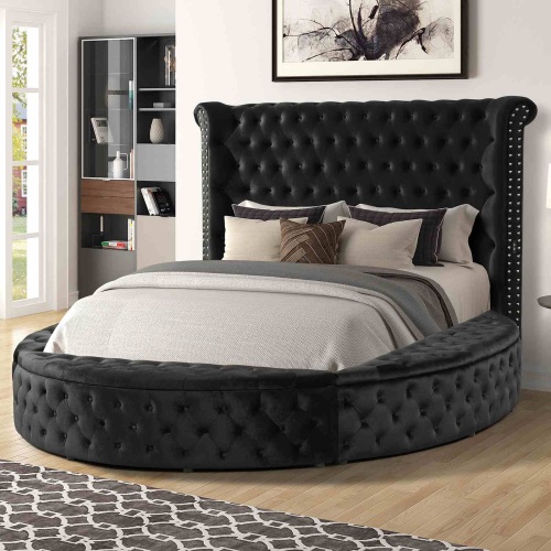 Glam 1pc King Size Bed Round Storage Black Velvet Like Acrylic Button-Tufted Wingback Design Bedroom Furniture - Fabric,Velvet - Glam,Traditional - Storage Included - Box Spring Not Required - Wood - Fabric - Not Specified