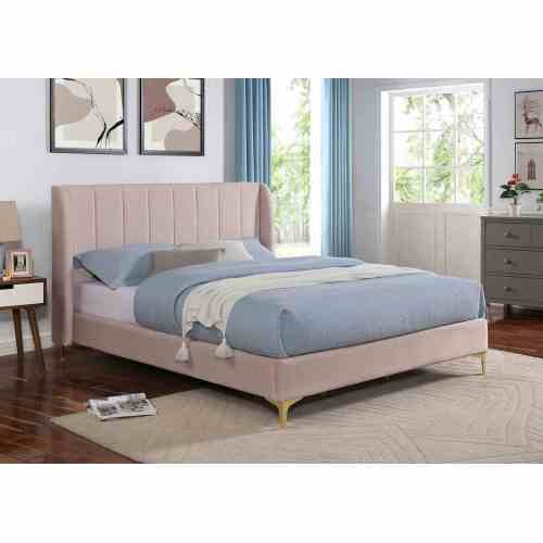 Contemporary Light Pink Queen Size Bed Wingback Headboard 1pc Bed Velvet Like Fabric Gold Metal Legs - Fabric,Metal,Velvet - Glam,Traditional - Bed Frame - Box Spring Required - Bedroom - Wood - Not Specified