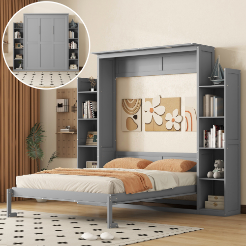 Queen Size Murphy Bed Wall Bed with Shelves and LED Lights,Gray(OLD SKU:LP000695AAE) - Solid Wood+MDF - Solid Wood
