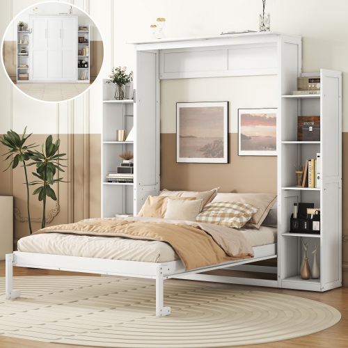 Full Size Murphy Bed Wall Bed with Shelves and LED Lights,White(OLD SKU:LP000694AAK-1) - Solid Wood+MDF - Solid Wood