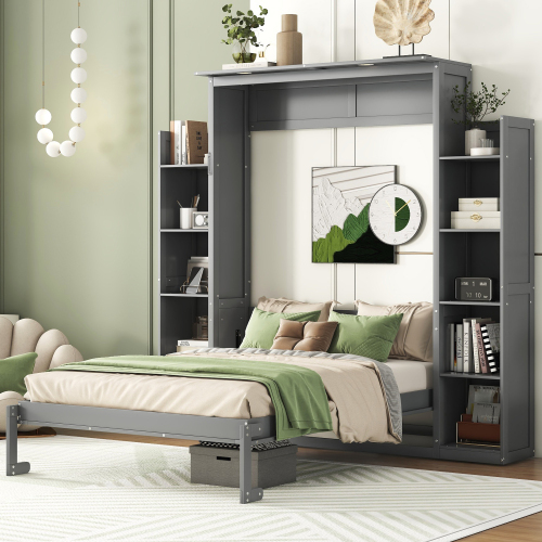 Full Size Murphy Bed Wall Bed with Shelves and LED Lights,Gray(OLD SKU: LP000694AAE-1) - Solid Wood+MDF - Solid Wood