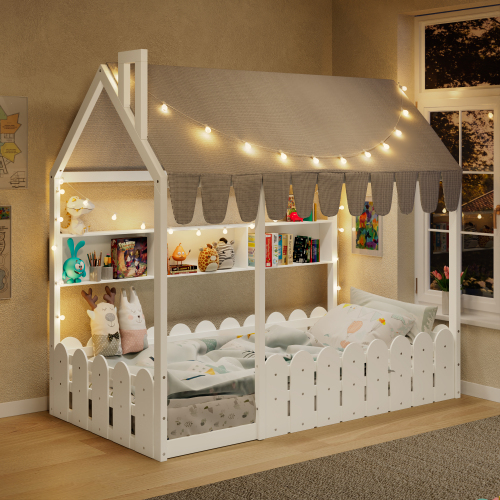 {Slats are not included} Twin Size Montessori House Bed for Kids, Floor Bed with Fence Railings, Tent, Lights & 3 Storage Shelves, White - Solid Wood - Solid Wood - Not Specified