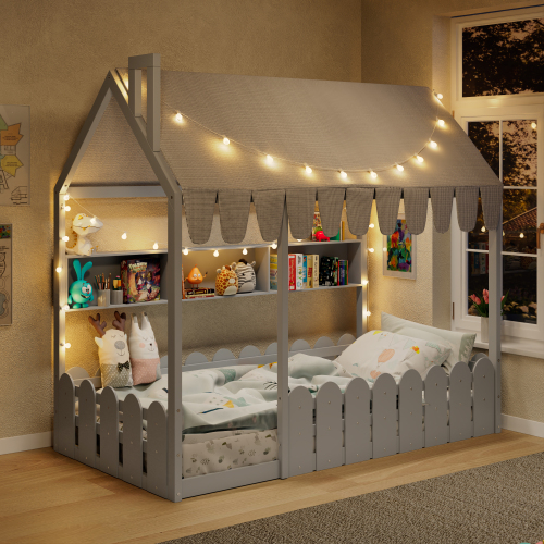{Slats are not included} Twin Size Montessori House Bed for Kids, Floor Bed with Fence Railings, Tent, Lights & 3 Storage Shelves, Gray - Solid Wood - Solid Wood
