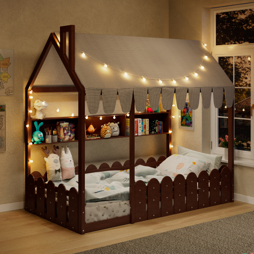 {Slats are not included} Twin Size Montessori House Bed for Kids, Floor Bed with Fence Railings, Tent, Lights & 3 Storage Shelves, Espresso - Solid Wood - Not Specified