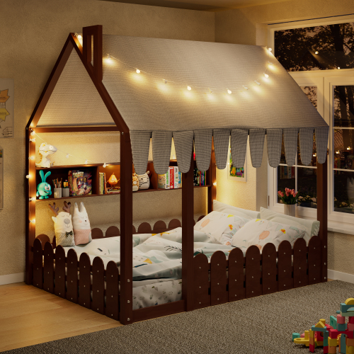 {Slats are not included} Full Size Montessori House Bed for Kids, Floor Bed with Fence Railings, Tent, Lights & 3 Storage Shelves, Espresso - Solid Wood - Not Specified