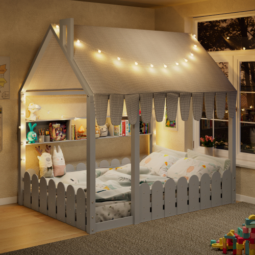 {Slats are not included} Full Size Montessori House Bed for Kids, Floor Bed with Fence Railings, Tent, Lights & 3 Storage Shelves, Gray - Solid Wood - Solid Wood