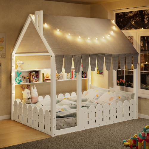 {Slats are not included} Full Size Montessori House Bed for Kids, Floor Bed with Fence Railings, Tent, Lights & 3 Storage Shelves, White - Solid Wood - Solid Wood