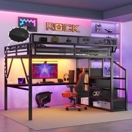 Queen Loft Bed with Desk and Charging Station, Queen Size Metal Loft Bed with Stairs and Light for Kids Teens, Black (Expect Arrival Date 2026/3/25 )