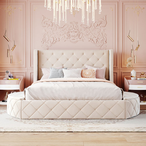 Upholstered Platform Bed Queen Size Storage Velvet Bed with Wingback Headboard and 1 Big Drawer,2 Side Storage Stool(Beige)(Old sku: LP100815AAA)