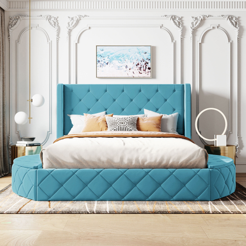Upholstered Platform Bed Queen Size Storage Velvet Bed with Wingback Headboard and 1 Big Drawer,2 Side Storage Stool(Blue)(Old sku: LP100815AAC) - Not Specified