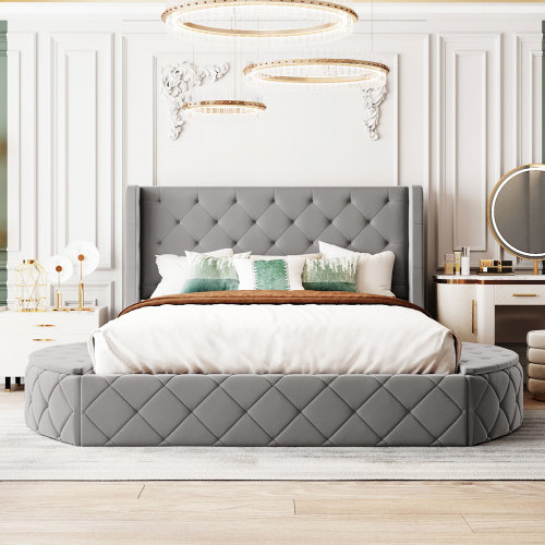 Upholstered Platform Bed Queen Size Storage Velvet Bed with Wingback Headboard and 1 Big Drawer,2 Side Storage Stool(Gray)(Old sku: LP100815AAE) - Not Specified