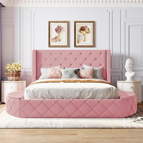 Upholstered Platform Bed Queen Size Storage Velvet Bed with Wingback Headboard and 1 Big Drawer,2 Side Storage Stool(Pink)(Old sku: LP100815AAH) - Not Specified