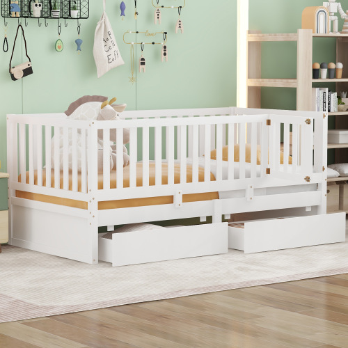 Twin Size Wood Daybed with Fence Guardrails and 2 Drawers, Split into Independent Floor Bed & Daybed, White(OLD SKU :LP100881AAK) - Solid Wood+MDF - Solid Wood