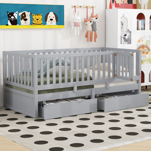 Twin Size Wood Daybed with Fence Guardrails and 2 Drawers, Split into Independent Floor Bed & Daybed, Gray(OLD SKU :LP100881AAE) - Solid Wood+MDF - Solid Wood