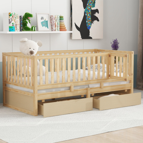 Twin Size Wood Daybed with Fence Guardrails and 2 Drawers, Split into Independent Floor Bed & Daybed, Natural(OLD SKU :LP100881AAN) - Solid Wood+MDF - Solid Wood