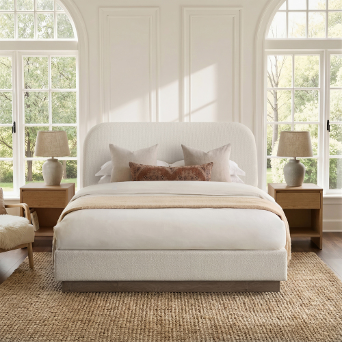 Linton Upholstered  Bed / Upholstered Wood Base Platform Bed / 44.5" High Headboard / Minimalist / Rusticity / No Box Spring Needed  / King / Cream White Boucle / No Noise - Cream White,Light Grey+Camel Oak - Fabric+Metal - Foam - Classic,Contemporary,Minimalist,Rustic - Bedroom - Bed Frame - Box Spring Not Required - Gray - Metal - Metal - Fabric