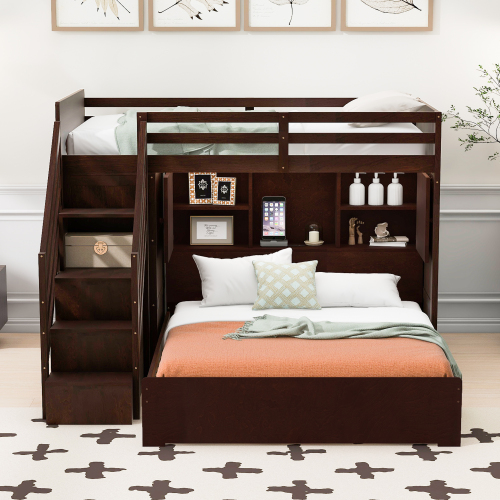 Twin over Full Bunk Bed with Storage Stairs, Wardrobe,USB and Ligh,Espresso - MDF+LVL