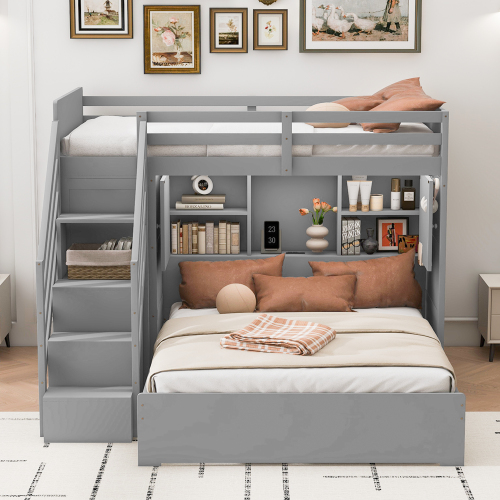 Twin over Full Bunk Bed with Storage Stairs, Wardrobe,USB and Ligh,Gray - MDF+LVL