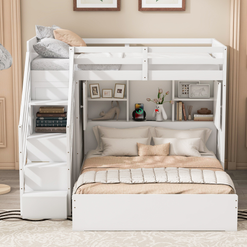 Twin over Full Bunk Bed with Storage Stairs, Wardrobe,USB and Ligh,White - MDF+LVL